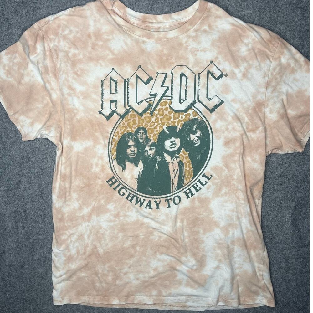 AC/DC Highway to Hell Tie Dye Graphic Band T-Shirt Tan Cotton Size L